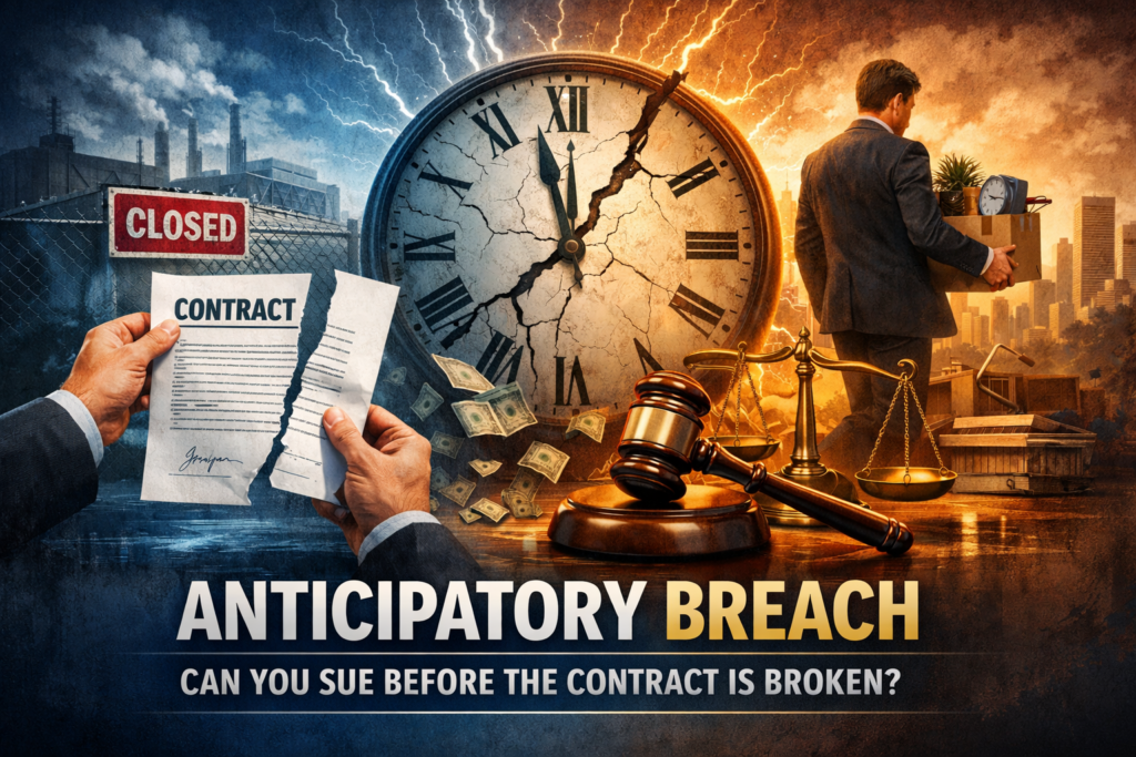 Illustration representing anticipatory breach of contract with a torn contract, judge’s gavel, scales of justice, and businessman walking away before performance deadline.