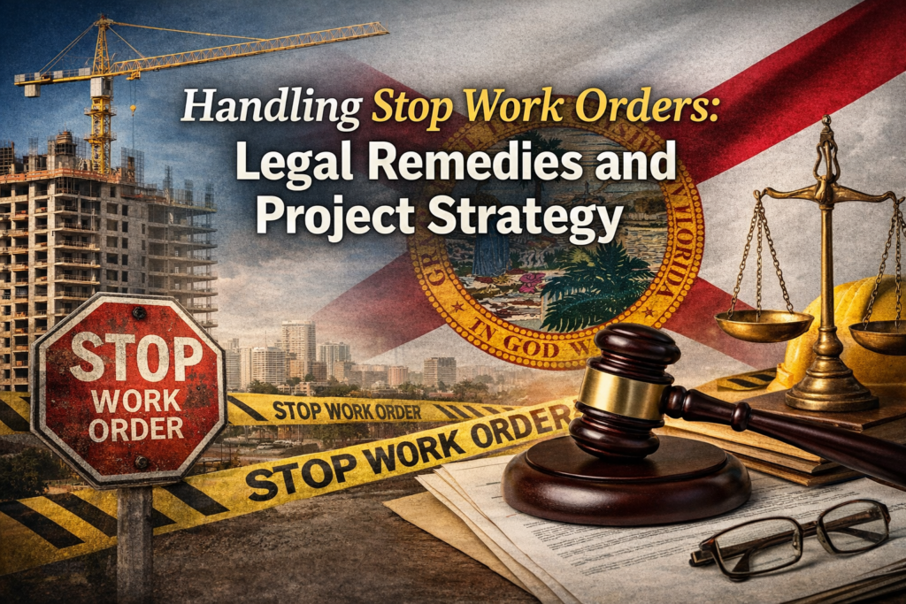 Featured image for a Florida construction law article showing a stop work order sign at a construction site with legal documents, a gavel, scales of justice, and Florida-themed background text reading “Handling Stop Work Orders: Legal Remedies and Project Strategy.