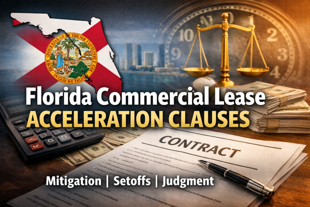 Graphic reading ‘Florida Commercial Lease Acceleration Clauses’ with a Florida state outline, contract and pen, calculator, money, and scales of justice in the background.