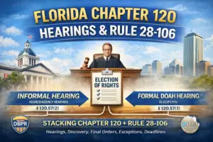 Infographic titled ‘Florida Chapter 120 Hearings & Rule 28-106’ showing a judge at a bench with an ‘Election of Rights’ form and arrows comparing informal agency hearings and formal DOAH hearings.