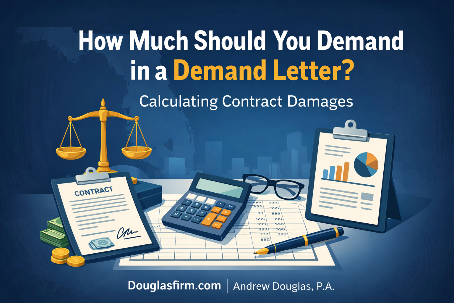 How Much Should You Demand in a Demand Letter? feature image with calculator, contract, scales of justice, and charts representing calculating commercial contract damages.