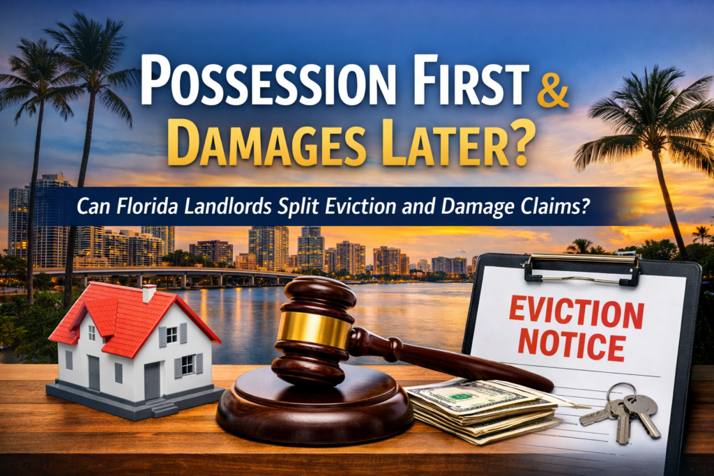 Florida eviction feature image showing a sunset waterfront skyline with palm trees and the headline ‘Possession First & Damages Later?’ above a judge’s gavel, a small house model, cash, and an eviction notice clipboard.