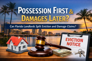 Florida eviction feature image showing a sunset waterfront skyline with palm trees and the headline ‘Possession First & Damages Later?’ above a judge’s gavel, a small house model, cash, and an eviction notice clipboard.