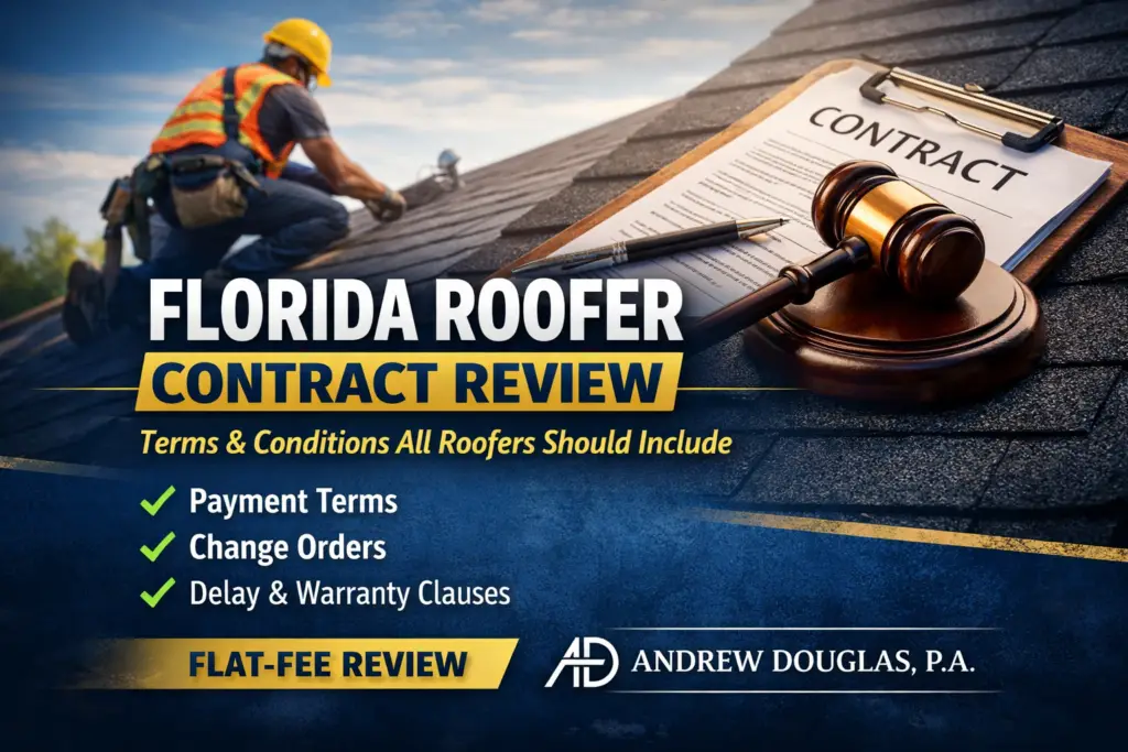 Promotional graphic for Florida roofer contract review showing a roofer working on a roof beside a clipboard labeled ‘Contract’ and a judge’s gavel, with bullet points for payment terms, change orders, and warranty clauses.