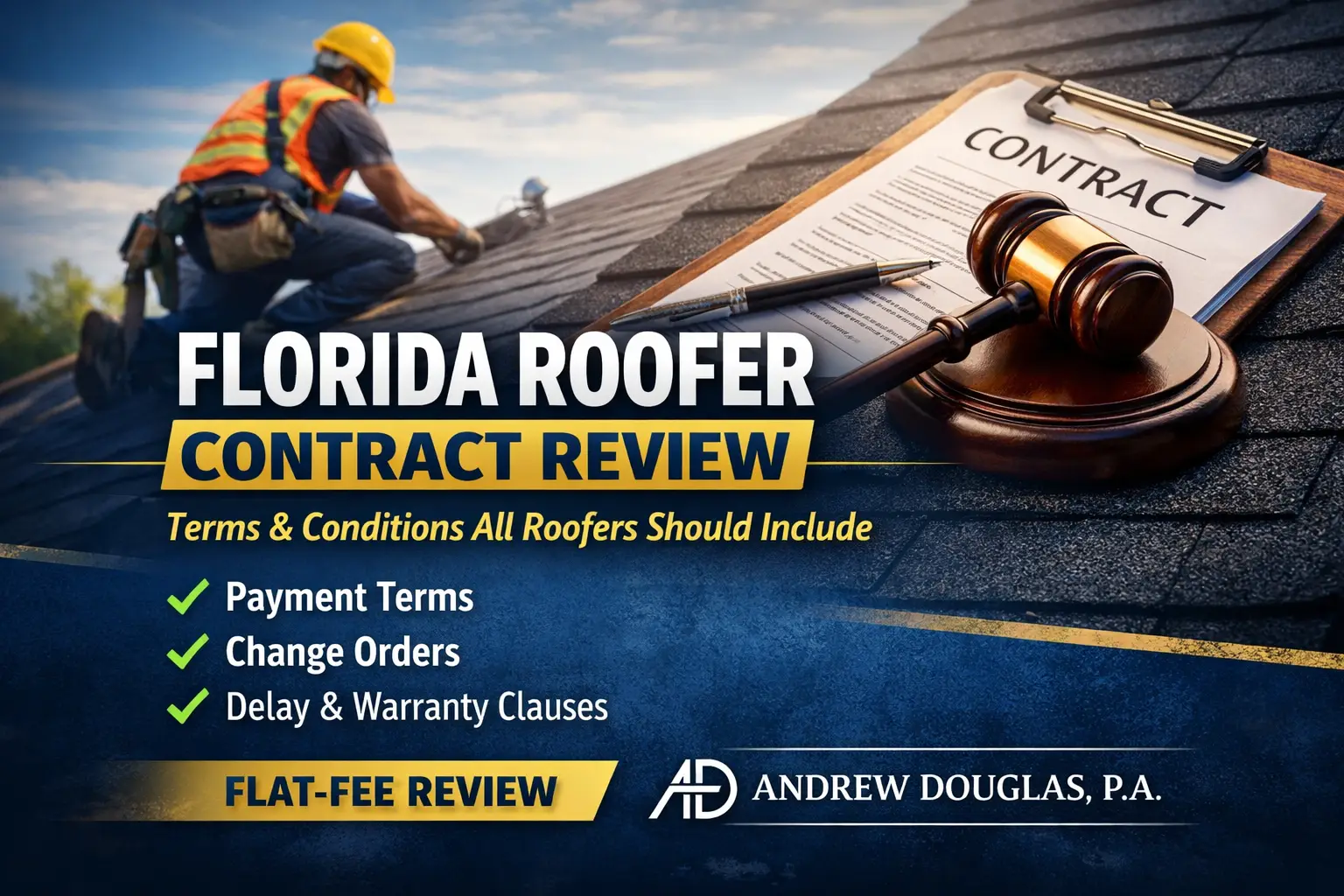 Promotional graphic for Florida roofer contract review showing a roofer working on a roof beside a clipboard labeled ‘Contract’ and a judge’s gavel, with bullet points for payment terms, change orders, and warranty clauses.