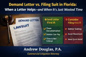 “Infographic titled ‘Demand Letter vs. Filing Suit in Florida’ showing a gavel and documents labeled demand letter and lawsuit, with checklists for when to send a letter first versus file first.”