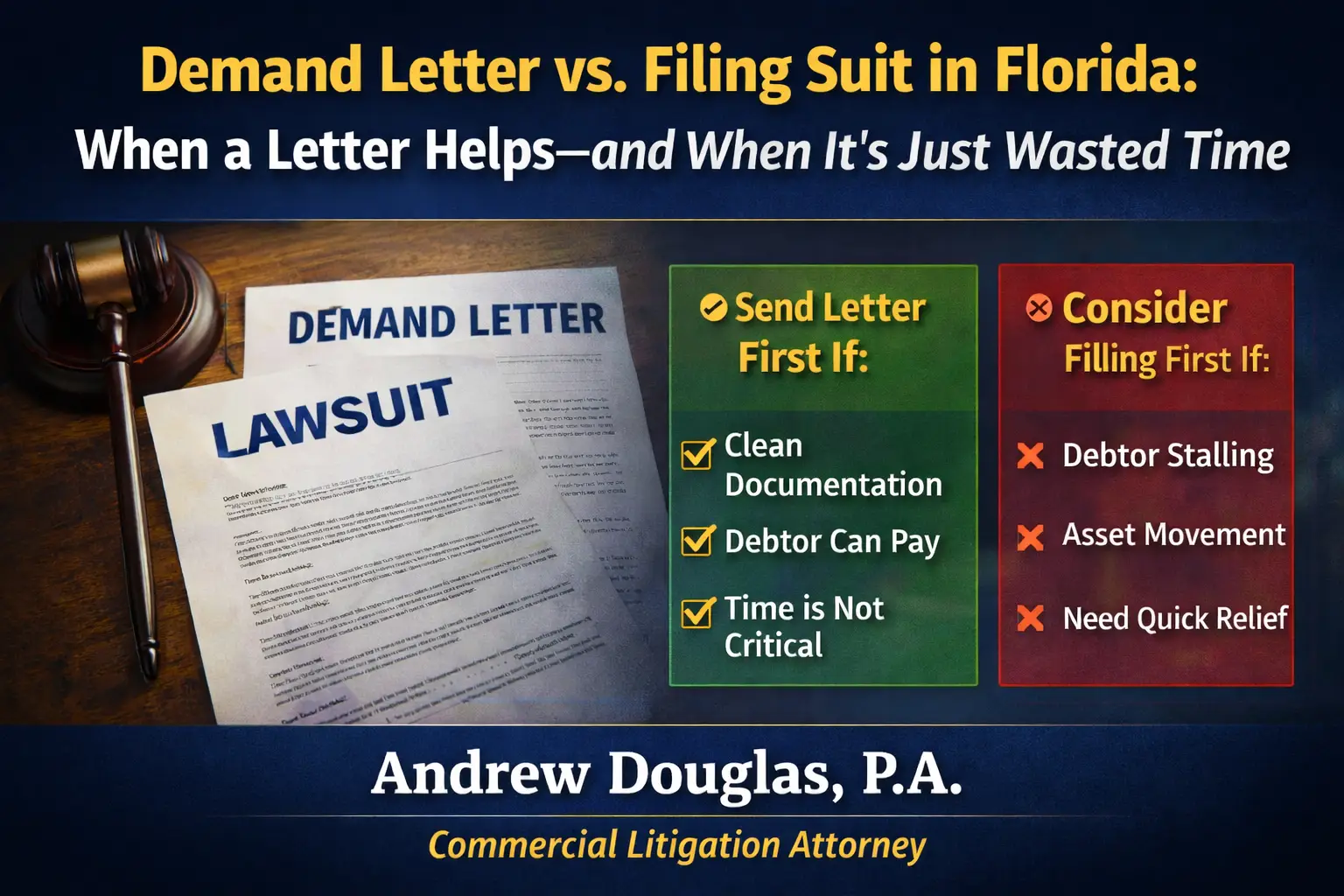 “Infographic titled ‘Demand Letter vs. Filing Suit in Florida’ showing a gavel and documents labeled demand letter and lawsuit, with checklists for when to send a letter first versus file first.”