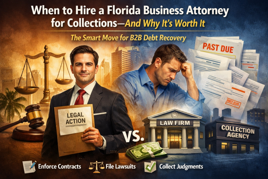 Feature image showing a professional Florida business attorney in a suit holding a folder labeled “Legal Action,” standing in front of courthouse imagery and scales of justice, contrasted with a stressed business owner reviewing “Past Due” invoices. The graphic highlights the comparison between a law firm and a collection agency, with visual references to enforcing contracts, filing lawsuits, and collecting judgments in B2B debt recovery.