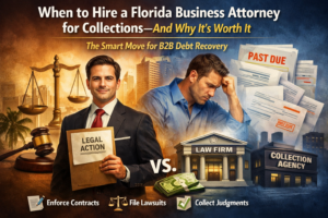 Feature image showing a professional Florida business attorney in a suit holding a folder labeled “Legal Action,” standing in front of courthouse imagery and scales of justice, contrasted with a stressed business owner reviewing “Past Due” invoices. The graphic highlights the comparison between a law firm and a collection agency, with visual references to enforcing contracts, filing lawsuits, and collecting judgments in B2B debt recovery.