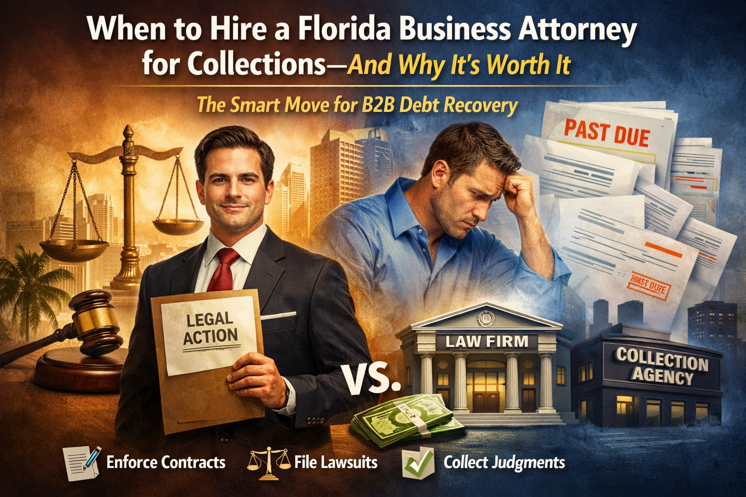 Feature image showing a professional Florida business attorney in a suit holding a folder labeled “Legal Action,” standing in front of courthouse imagery and scales of justice, contrasted with a stressed business owner reviewing “Past Due” invoices. The graphic highlights the comparison between a law firm and a collection agency, with visual references to enforcing contracts, filing lawsuits, and collecting judgments in B2B debt recovery.