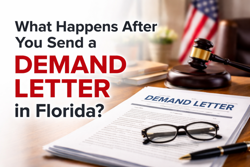 Graphic with the text ‘What Happens After You Send a Demand Letter in Florida?’ over an image of a demand letter on a desk with eyeglasses, a pen, and a judge’s gavel.