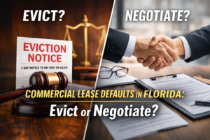 Commercial lease defaults in Florida concept image showing eviction notice and gavel on one side and business handshake negotiation on the other, representing decision to evict or negotiate.