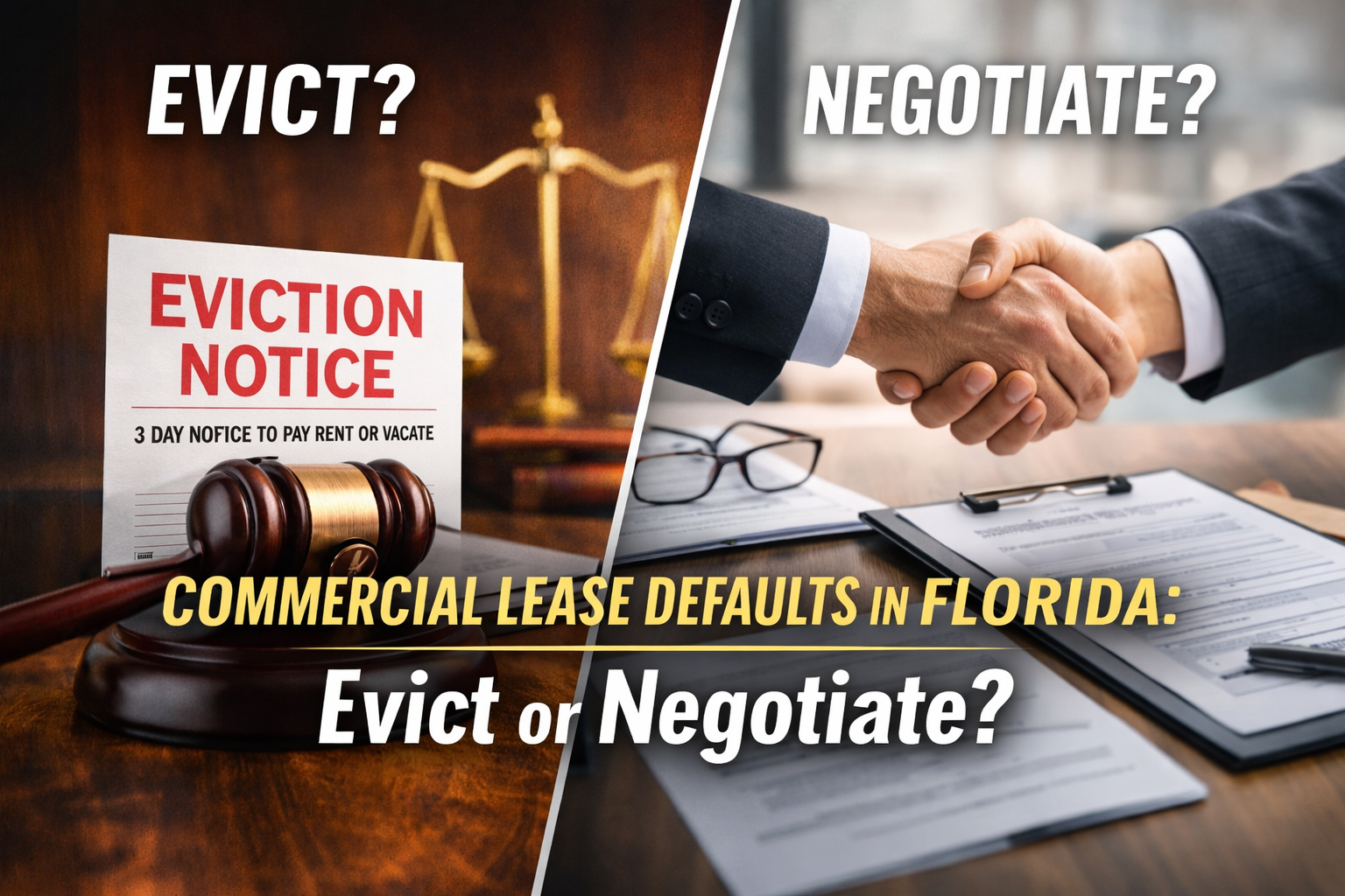 Commercial lease defaults in Florida concept image showing eviction notice and gavel on one side and business handshake negotiation on the other, representing decision to evict or negotiate.
