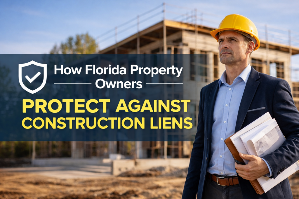 Florida property owner at a construction site with text about protecting against construction liens