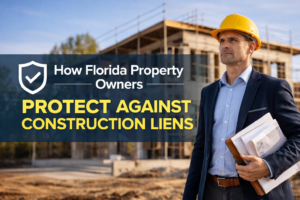 Florida property owner at a construction site with text about protecting against construction liens