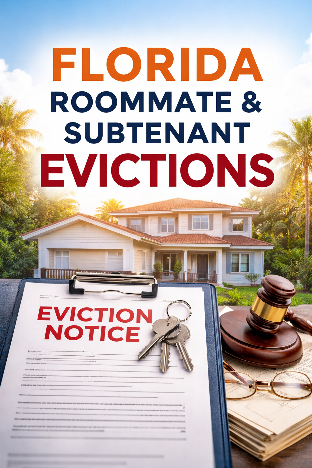 Florida Roommate & Subtenant Evictions feature graphic showing a Florida home with palm trees, an eviction notice on a clipboard with keys, and a judge’s gavel.