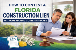 Florida construction lien article featured image showing a property owner meeting with an attorney over lien documents, with headline text about contesting a Florida construction lien and legal icons illustrating deadlines, paperwork, and dispute risks.