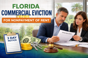 Florida commercial eviction featured image showing a landlord meeting with an attorney over an unpaid rent notice, with headline text about commercial eviction for nonpayment of rent and visual elements highlighting a 3-day notice, rent default, keys, and legal action.