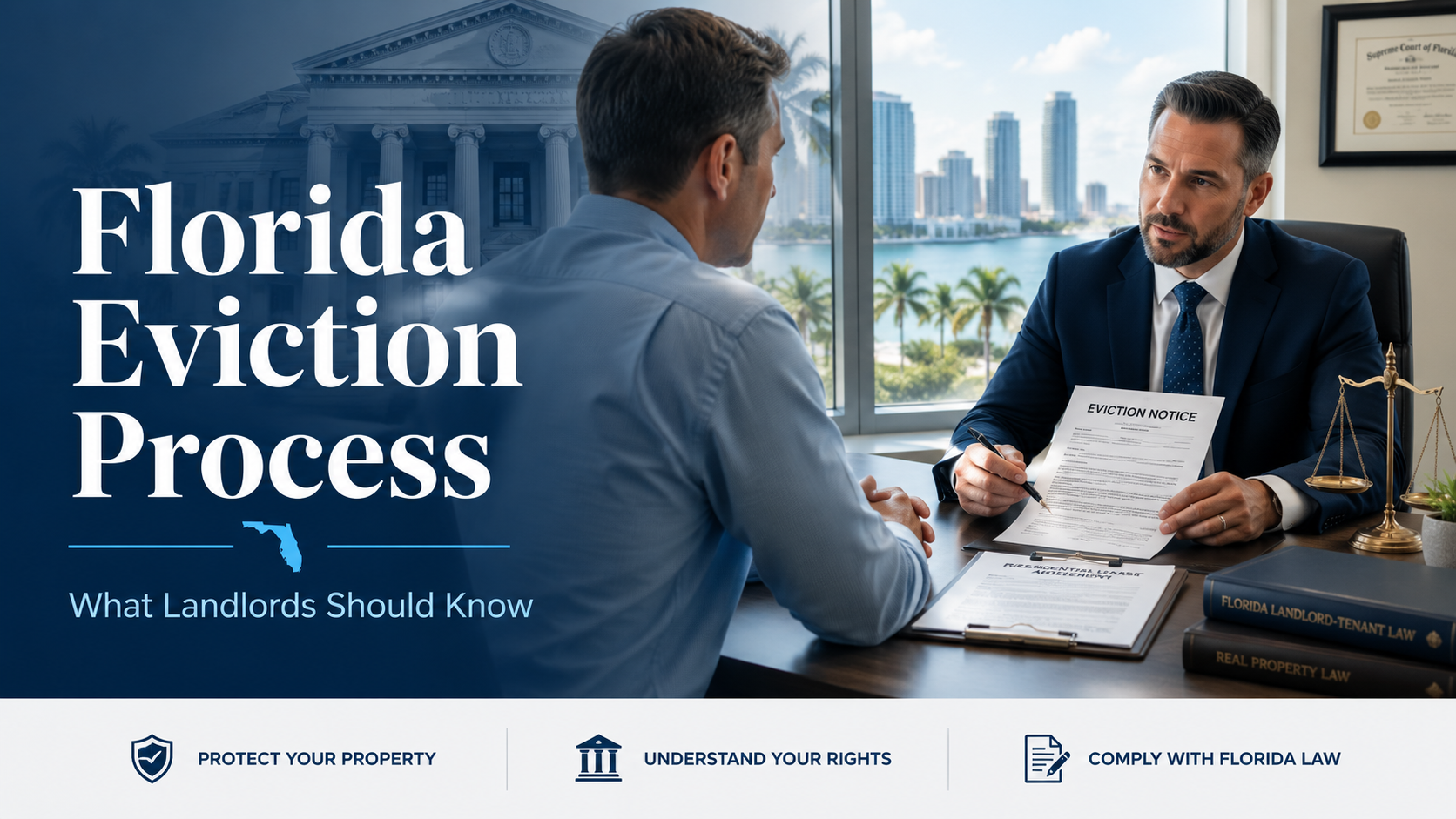 Attorney reviewing an eviction notice and lease agreement with a Florida landlord in a professional law office, with courthouse, legal books, and South Florida skyline imagery.