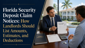 Attorney reviewing a Florida security deposit claim notice with a landlord, showing lease documents, repair estimates, keys, and calculator for itemized deductions.