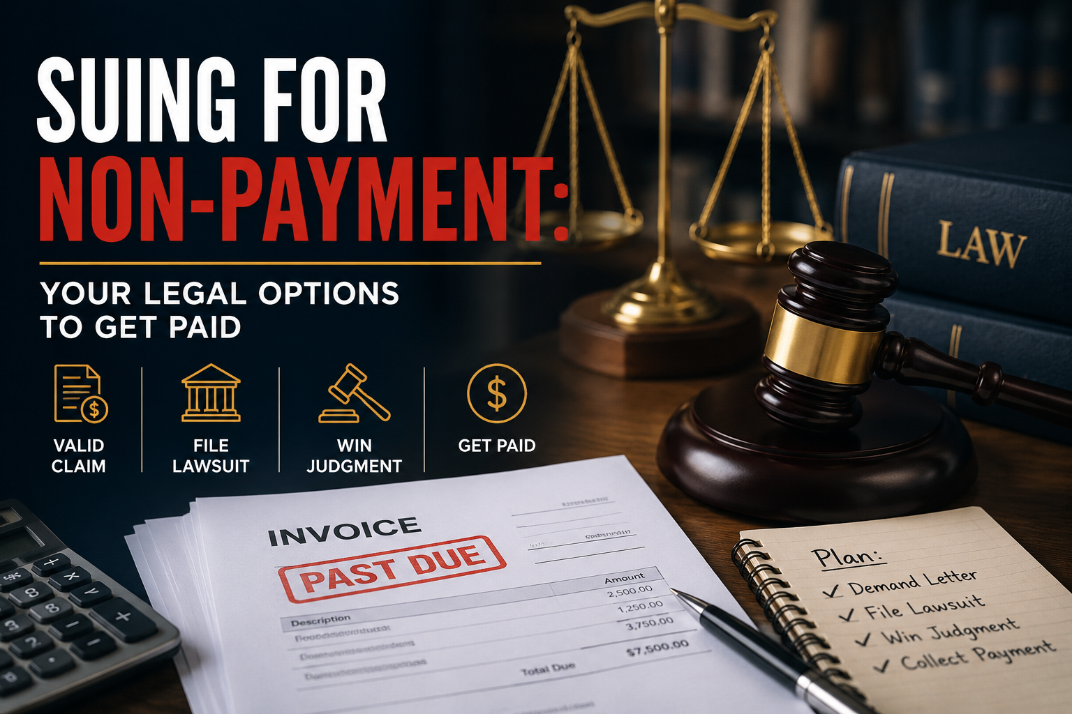 Legal-themed image showing a past-due invoice, judge’s gavel, scales of justice, law book, calculator, and checklist, with text reading “Suing for Non-Payment: Your Legal Options to Get Paid.”