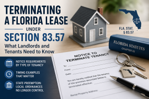 Feature image for an article about terminating a Florida lease under Section 83.57, showing a miniature house, Florida Statutes book, notice to terminate tenancy form, keys, Florida icon, and text highlighting notice requirements, timing examples, and state preemption of local ordinances.