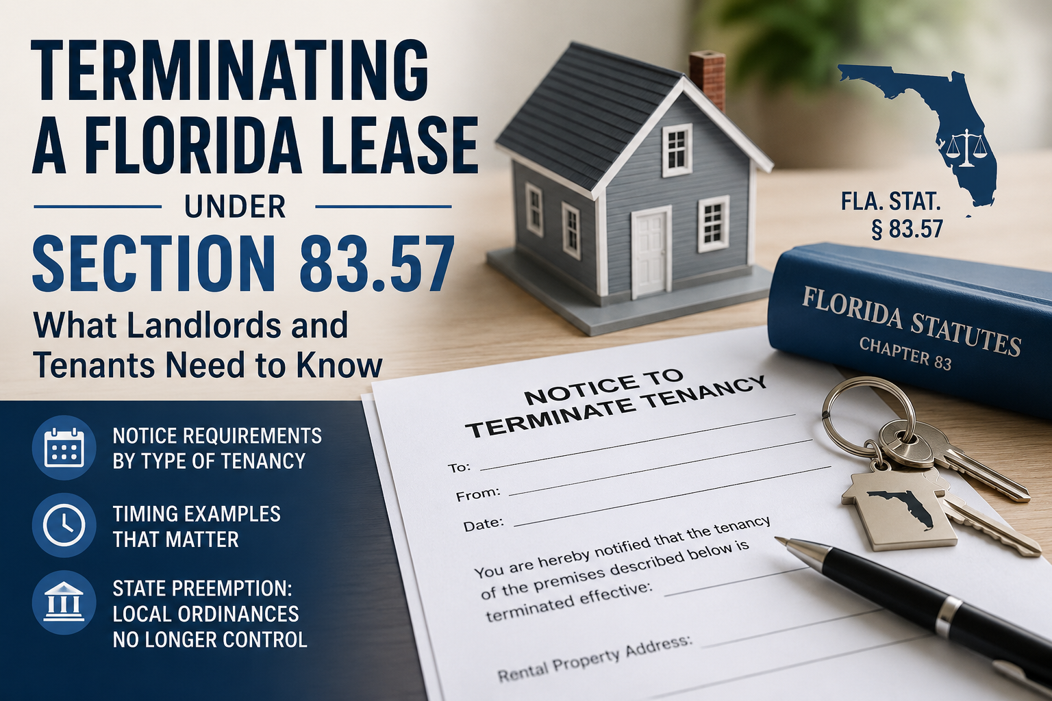 Feature image for an article about terminating a Florida lease under Section 83.57, showing a miniature house, Florida Statutes book, notice to terminate tenancy form, keys, Florida icon, and text highlighting notice requirements, timing examples, and state preemption of local ordinances.