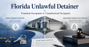 Feature image for a Florida unlawful detainer article showing a Florida home divided between transient occupants under section 82.035 and unauthorized occupants under section 82.036, with legal scales, house keys, a property-possession document, a gavel, and a Florida Statutes book.