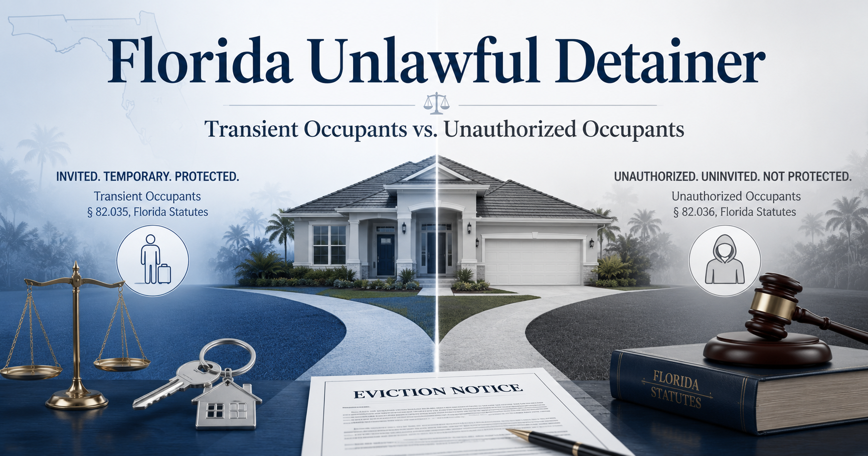 Feature image for a Florida unlawful detainer article showing a Florida home divided between transient occupants under section 82.035 and unauthorized occupants under section 82.036, with legal scales, house keys, a property-possession document, a gavel, and a Florida Statutes book.