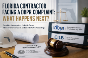 Florida contractor DBPR complaint graphic featuring a DBPR binder, CILB binder, notice of investigation, construction hard hat, blueprints, and judge’s gavel, illustrating the Florida contractor disciplinary process.