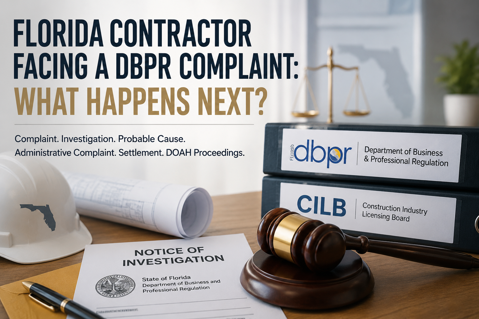 Florida contractor DBPR complaint graphic featuring a DBPR binder, CILB binder, notice of investigation, construction hard hat, blueprints, and judge’s gavel, illustrating the Florida contractor disciplinary process.