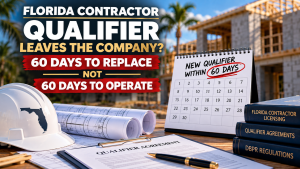 Florida contractor qualifier leaves company graphic explaining the 60-day rule: 60 days to replace the qualifier, not 60 days to continue operating, with a calendar, construction plans, hard hat, and DBPR licensing materials.